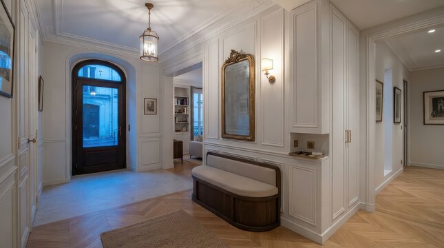 Neoclassical apartment foyer with arched glass entrance door