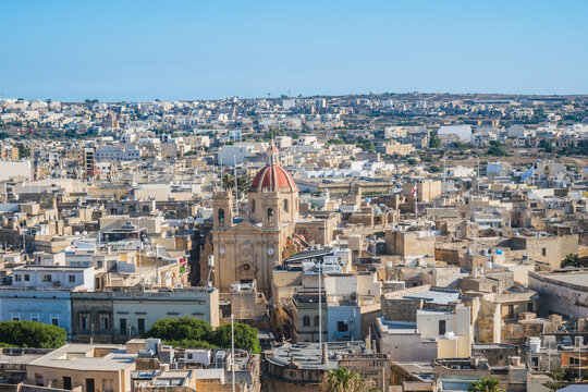 Aerial view of city center buildings and St. George's Basilica, Victoria, Gozo MALTA