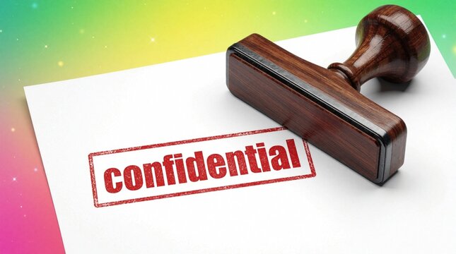 Red confidential stamp marks white paper document. Wooden rubber stamp lies on sheet with bright colorful background. Concept for data privacy, business secrecy, information security. Important