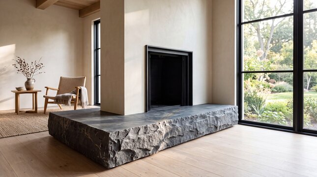 Natural Raw Edge Bluestone Fireplace Hearth in Sunlit Living Room