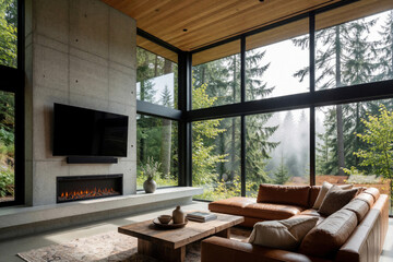 Obraz premium Modern luxury living room with concrete walls, wood ceiling. Large glass windows show misty forest view. Leather sofa, wooden coffee table, electric fireplace create cozy atmosphere. Interior design