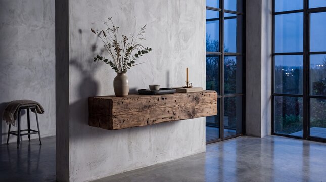 Minimalist wooden wall console mounted on textured microcement wall