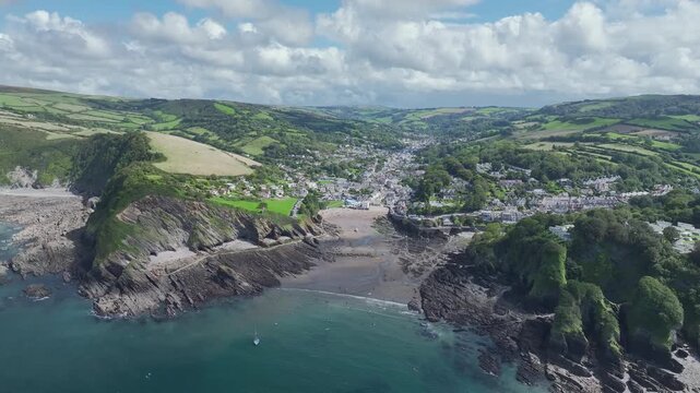 Combe Martin Beaches and Bay from a drone, Ilfracombe, Devon, England, United Kingdom