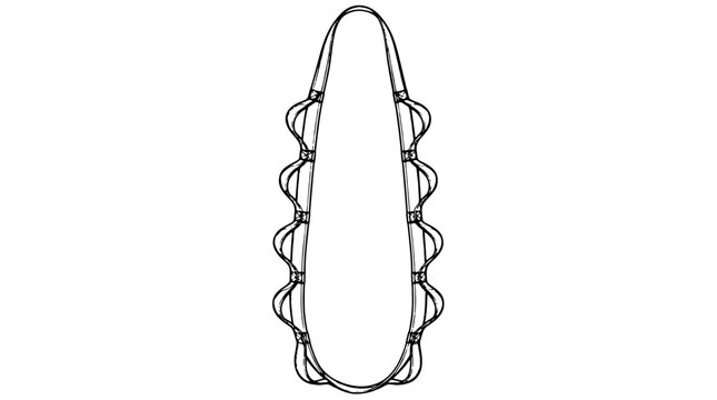 Black outline vector icon of a daisy chain sling with looped side pockets and bar tack joints forming a symmetrical teardrop shape drawn with thin lines in vertical layout for climbing safety