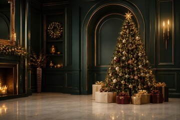 Fototapeta premium Elegant Christmas tree with gifts beside a glowing fireplace