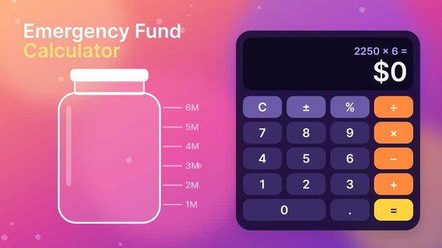 Emergency fund calculator animation with gold coins falling into savings jar and digital display calculation