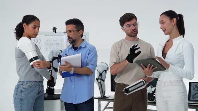Robotics lab team wraps up a prosthetic arm fitting, the woman folding her arms in the brace while a colleague shows a robotic hand and the group looks toward camera