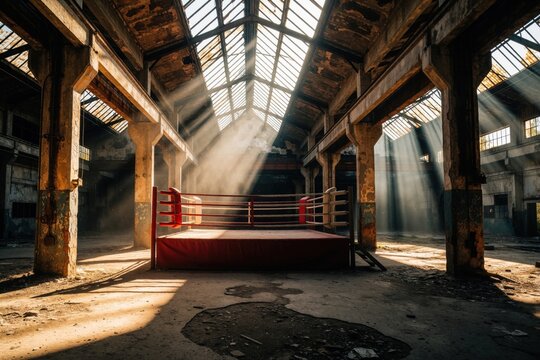Red boxing ring stands inside large abandoned factory. Sunbeams shine through broken glass roof into dusty industrial hall. Empty combat arena with dramatic light, shadows creates gritty atmosphere