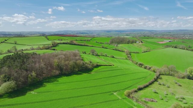 Fields and Farmlands at spring from a drone, Devon, England, United Kingdom