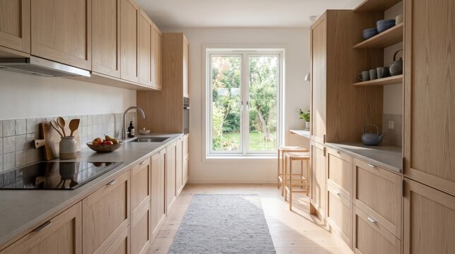 Light wood galley kitchen with garden window and open shelving