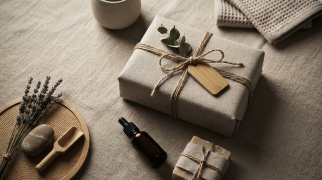 linen spa gift packaging flat lay Rustic eco-friendly gift wrapping with natural decor and essential oil bottle.