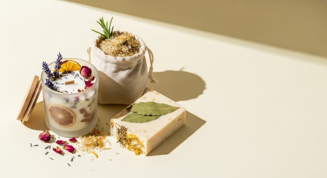 High-end studio arrangement of a scented botanical candle, textured bath salts in a linen bag, and artisan herbal soap on a cream backdrop, background, organic, texture