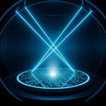 Inside a dark spherical chamber, neon azure lasers intersect above a central glass platform featuring glowing quantum circuitry patterns, reality, intersecting, circuitry