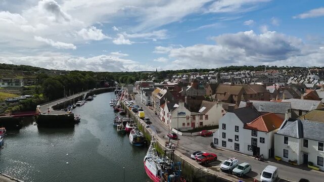 Eyemouth from a drone, Berwickshire, Scottish Borders, Scotland, UK