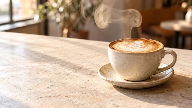 Hot latte with latte art in a ceramic cup on a stone table, featuring warm natural light and copy space; ideal for coffee shop advertising, menus, and coffee promotions.