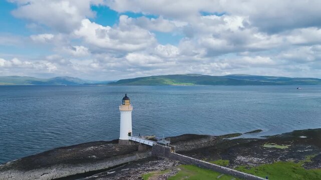Rubha nan Gall from a drone, Tobermory Lighthouse, Tobermory, Isle of Mull, Scotland, United Kingdom