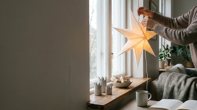 Person hanging a glowing paper star lamp in a window during the holiday season