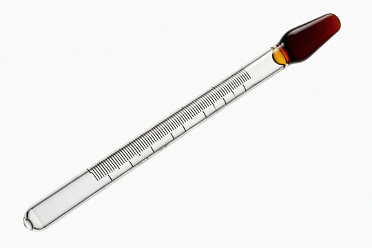 Glass hydrometer tool measures alcohol content in liquid. Clear laboratory instrument shows scale markings for density test. Brown fluid inside glass device used for winemaking spirits production.