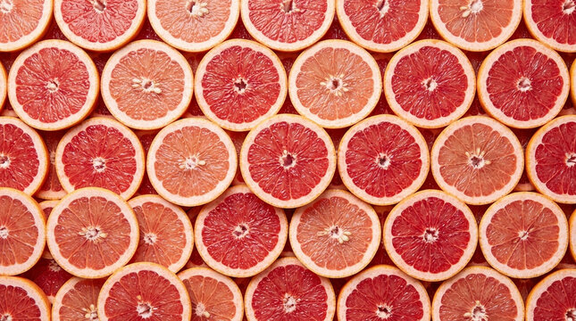 Fresh Pink Grapefruit Slices Background, Top View Citrus Fruit Pattern, Healthy Organic Food Concept