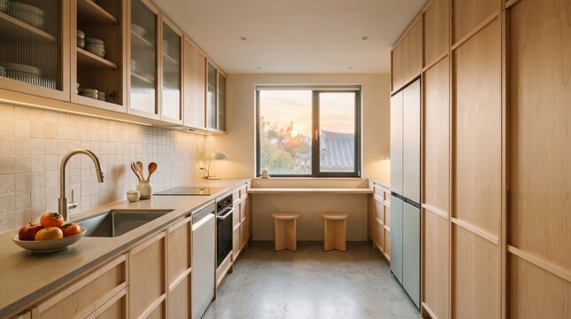 Narrow galley kitchen with pale wood cabinets and sunset window