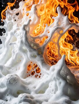 White fire retardant foam suppresses bright orange flames. Thick chemical foam creates protective barrier against intense fire hazard. Emergency extinguishing liquid stops burning heat to prevent