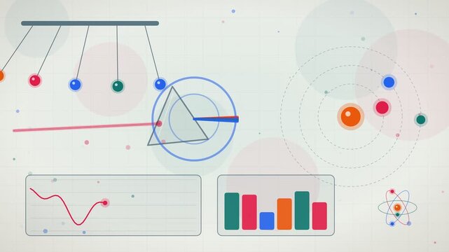 Educational Physics Infographics Animation Featuring Newton's Cradle, Prism Light Dispersion, and Scientific Data Charts on a Light Background