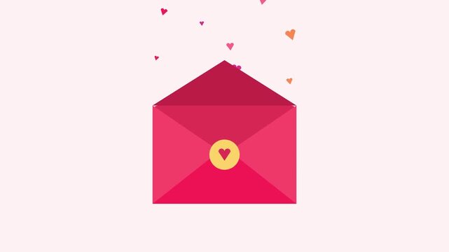 Red envelope opens with floating hearts above it. Pink and orange hearts swirl around the opening. Yellow circle with red heart adorns the envelope's front. Simple design conveys love, celebration