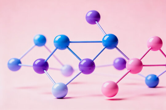 A 3D rendered abstract network model made of glossy colored spheres connected by thin lines, set against a soft pink background, representing data connections or digital structures.