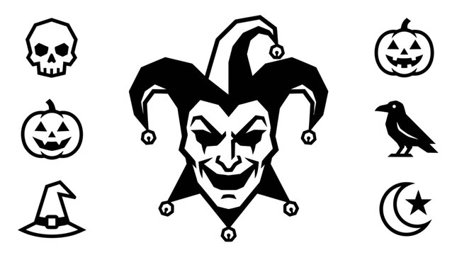 Set of black and white Halloween icons featuring a jester skull pumpkin raven witch hat and moon.