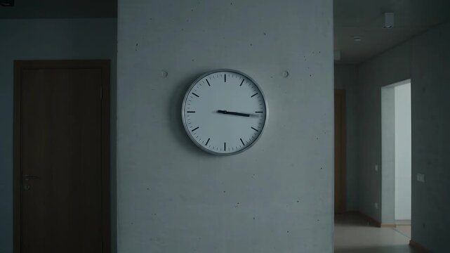 Round wall clock displays changing hours while sunlight moves along textured concrete interior. Passage of time brings shifting light patterns across quiet minimalist residential corridor.