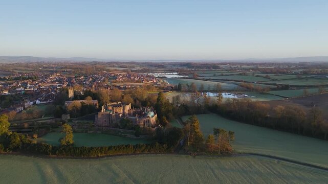 Berkeley Castle from a drone, Berkeley, Cotswolds, Gloucestershire, England, United Kingdom