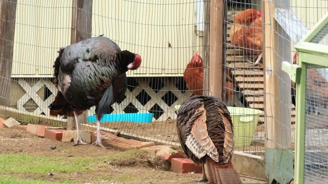 Wild turkey. Meleagris gallopavo. Male in courtship display near a chicken pen. Region of La Mauricio, Province of Quebec. Canada