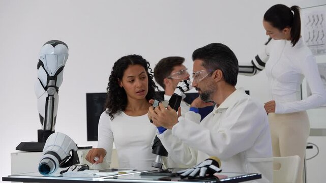 Two engineers lean in to inspect a robotic hand up close while a colleague behind them holds a robotic arm and a woman with a ponytail watches