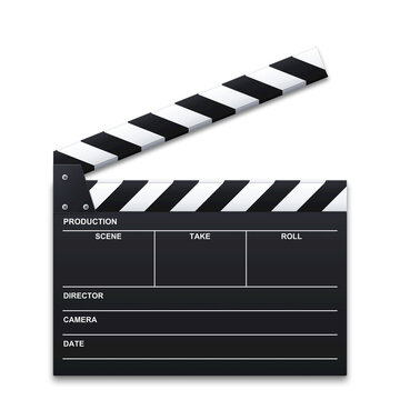 A black film clapperboard used for movie production and cinema filming presented as an isolated object on transparent background isolated on transparent background