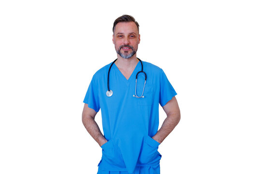 Male doctor in blue scrubs with stethoscope smiling, posing confidently for healthcare, medicine, and wellness concepts