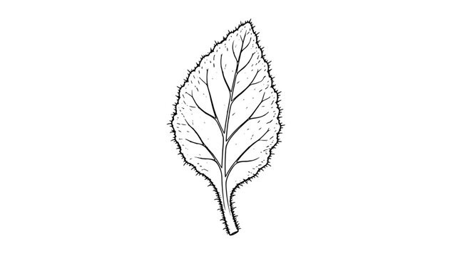 Black line art illustration of a single ovate borage leaf with pointed tip, pinnate veins and densely hairy toothed margin plus short stem rendered in thin delicate lines in upright centered format