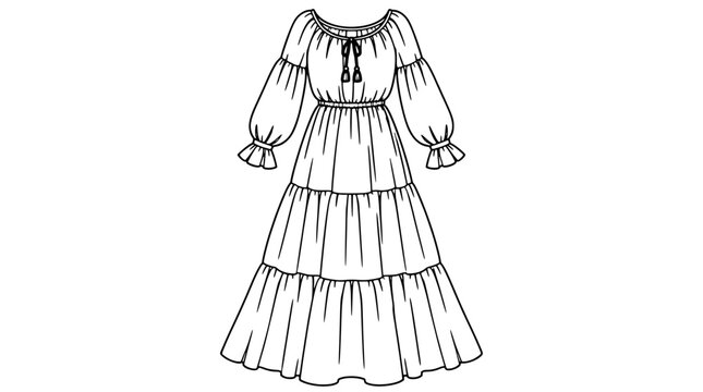 Black outline vector icon of a tiered peasant maxi dress with puffed sleeves ruffled cuffs scoop neckline tassel ties and triple flared skirt drawn in thin lines centered for breezy folk appeal