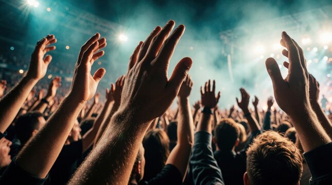 Crowd of excited people raise hands in air during concert sports event. Enthusiastic audience cheers with joy at music festival stadium. Silhouetted arms reach up towards bright stage lights in dark
