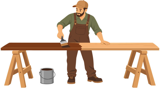 Skilled bearded carpenter in overalls staining long wooden deck plank with wide brush on sawhorses, applying dark varnish, woodworking craftsmanship DIY home improvement concept project scene