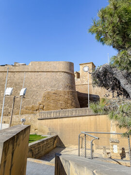 Ramps and walls outside the Citadel with clock tower, Victoria - Gozo MALTA