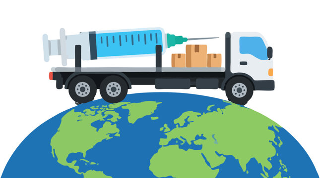 Flatbed medical delivery truck carrying giant vaccine syringe and cargo boxes driving across stylized globe symbolizing worldwide immunization distribution and global healthcare logistics