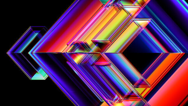Futuristic geometric glass structure with intense spectral colors for creative visual project. Abstract symmetrical geometric background with luminous glass cubes and vivid prismatic colors. 3d render