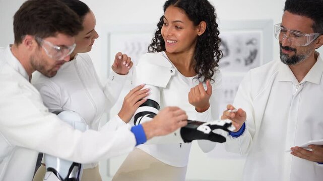 Close view of a smiling curly-haired woman wearing a prosthetic arm as an engineer adjusts the shoulder and a bearded man in safety glasses jots notes on a tablet