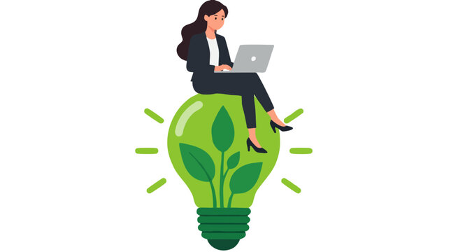 Businesswoman in black suit working on laptop sitting on top of glowing green light bulb with leaves inside symbolizing sustainable innovation eco business idea and green energy concept