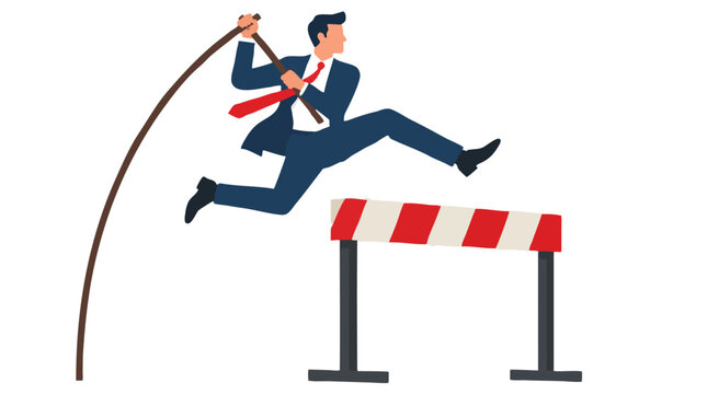 Confident businessman in navy suit with red tie pole vaulting over striped barrier with bendy pole, symbolizing overcoming obstacles, ambition, success and corporate achievement on white background