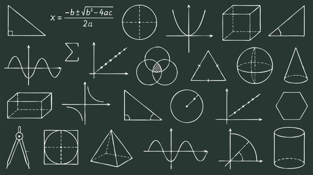 Vector illustration of seamless dark chalkboard background with white chalk mathematical formulas and geometric figures, graphs, shapes, equations for classroom education and science concepts