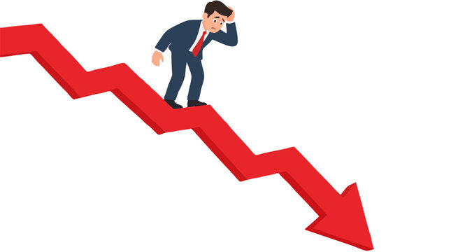 Worried businessman in suit standing on steeply declining red arrow chart staring down at financial crash, loss and recession concept with 3D business failure graph on white background vector