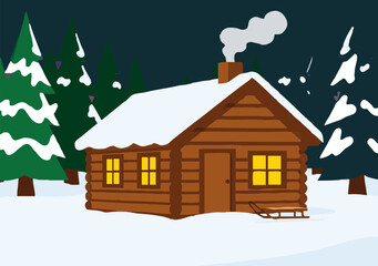 Cozy wooden log cabin with warm glowing yellow windows in snowy pine forest at dusk, chimney smoke, sled in snow, tranquil winter evening holiday landscape cartoon vector illustration © Alba