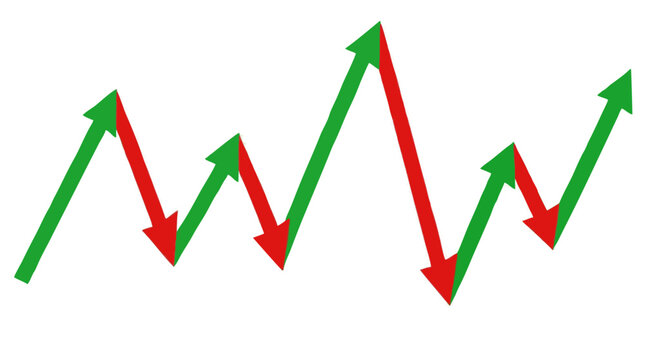Volatile stock market zigzag trend line with bold green rising arrows and red falling arrows illustrating financial ups and downs growth crash volatility on clean white background