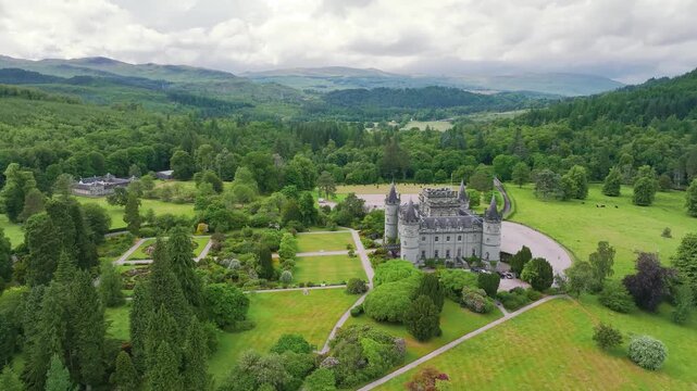 Inveraray Castle from a drone, Clan Campbell, Loch Fyne, Argyll, Scotland, United Kingdom